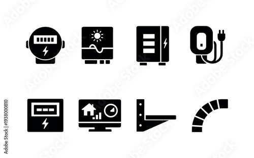 Set of icons representing smart home energy management and electrical components