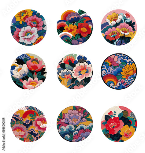 Vector set of 9 modern pop art Korean folk circular emblems (Retro hwarot floral and wave badge collection)
(레트로 활옷 플로럴 및 파도 뱃지 컬렉션 - 9종의 모던 팝아트 한국 민화 원형 엠블럼 벡터 세트)