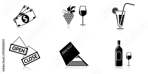 Set of 6 restaurant and bar black and white vector icons