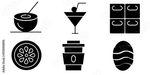 Set of 6 black glyph food and drink icons vector