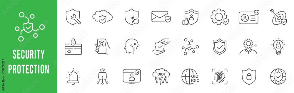 Obraz premium Security protection outline icons for cybersecurity, cloud security, encryption, authentication, secure email, fingerprint access, network shield, editable stroke set vector.