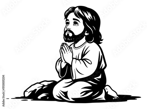 Praying Jesus Christ kneeling in worship black and white vector illustration