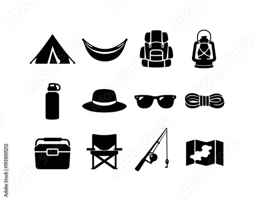 Collection of camping and outdoor adventure icons on a white background