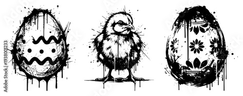 Grunge style easter eggs and cute baby chick illustration with black ink splatters