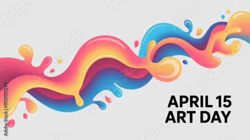 Vibrant colorful paint splashes in pink blue and yellow hues on gray background celebrating april 15 art day with dynamic fluid art design
