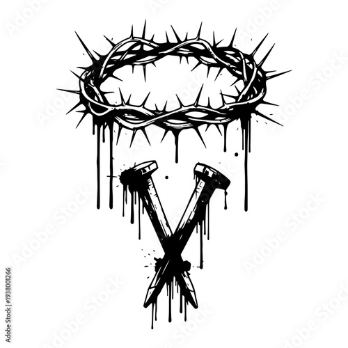 Crown of thorns and crucifixion nails religious illustration for good friday with ink drips