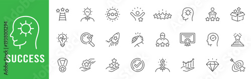Success achievement outline icons featuring rating stars, awards, trophy, rocket, target, growth, teamwork, premium quality, editable stroke line vector set.