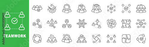 Teamwork icon set featuring collaboration, partnership, business networking, team coordination, and unity concepts in outline line style with editable stroke vector.