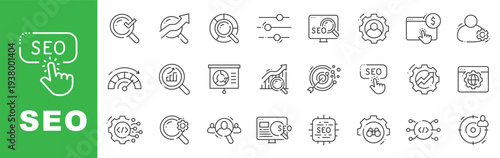SEO icon set featuring search optimization, keyword research, analytics dashboard, ranking growth, digital marketing strategy, outline line icons with editable stroke vector.