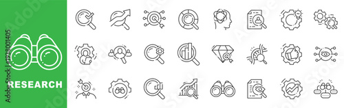 Research icon set featuring data analysis, market investigation, scientific discovery, analytics charts, search magnifier, outline line icons with editable stroke vector.