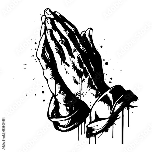 Detailed vector drawing of praying hands in distressed black ink splatter grunge style