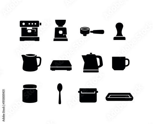 Collection of black coffee making equipment icons on a white background