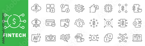 Fintech icon set featuring digital payment, banking, blockchain, cryptocurrency, AI analytics, secure transactions, outline line icons with editable stroke.