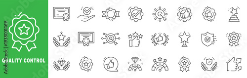 Quality control icon set featuring certification, audit, star rating, compliance verification, performance monitoring, outline line icons with editable stroke vector.