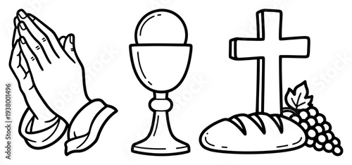 Christian communion symbols featuring hands in prayer a chalice and a cross with bread and grapes