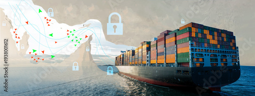 Wallpaper Mural Global trade disruption concept with container ships blocked from entering or exiting the Strait of Hormuz. Maritime blockade and geopolitical tension affecting international supply chain and shipping Torontodigital.ca