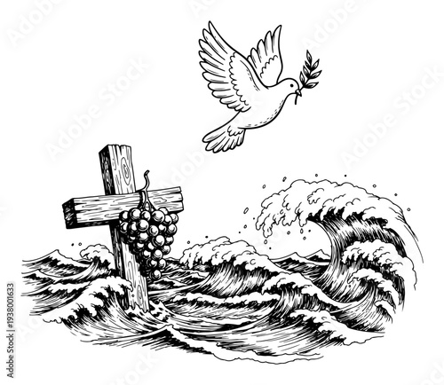Christian cross with grapes and dove above stormy sea in black and white engraving style
