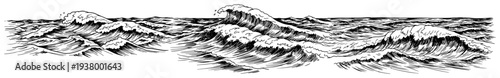 Stormy ocean wave border in black and white hand drawn engraving style