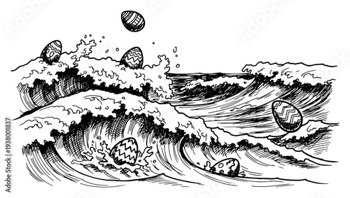 Easter eggs floating on stormy sea waves in a detailed black and white sketch style