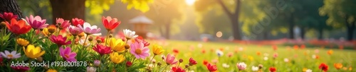 Vibrant blooms burst forth in a sun-drenched park, creating a breathtaking spectacle of color and natural beauty Perfect for spring, summer, or floral themed projects , full bloom, happy, beauty