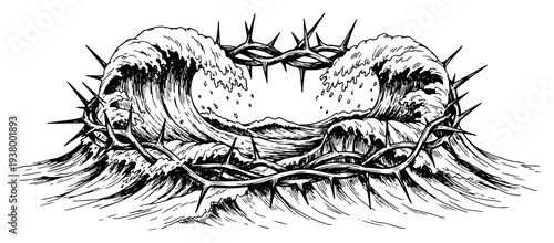 Crown of thorns placed over stormy ocean waves in a dramatic religious illustration style