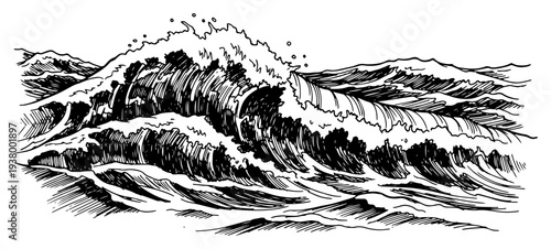 Powerful stormy sea waves crashing in a detailed black and white artistic etching style