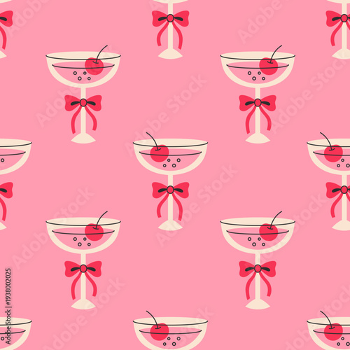 Pink Cherry Cocktail Seamless Pattern. Coquette Martini Glass with Bow Bubbles and Berry. Cute Romantic Alcohol Fizzy Drink in hand drawn flat style. Vector illustration