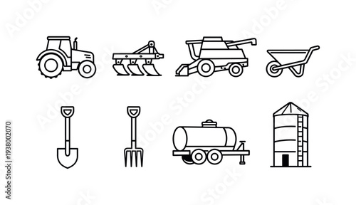 Collection of agricultural machinery and tools in a clean line art style