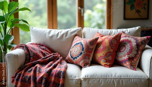 Vibrant paisley patterned cushions and throws adorn a plush, comfortable indoor space, adding a touch of bohemian elegance to the room's d?cor , cozy, design, beautiful