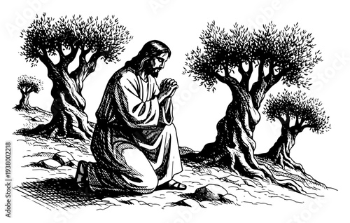 Jesus christ praying in the garden of gethsemane near olive trees