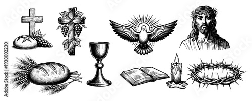 Collection of christian religious symbols and icons in vintage engraving style