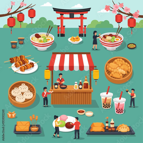 Vibrant illustration of a Japanese street food festival with various dishes, drinks, and people enjoying the festivities.
