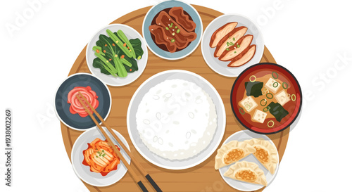 A vibrant illustration of a traditional Korean meal set, featuring rice, kimchi, soup, dumplings, and various side dishes arranged around a central bowl of rice.