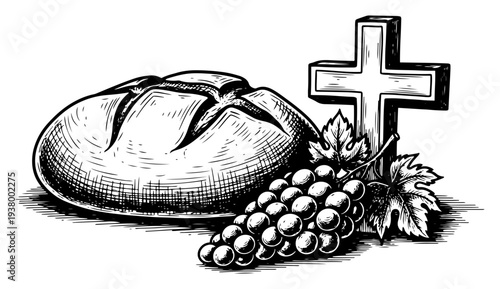 Vintage hand drawn engraving of bread grapes and christian cross representing holy communion