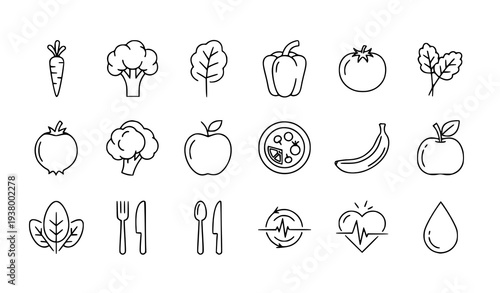 Organic vegetable healthy eating outline icons set for nutrition and wellness design