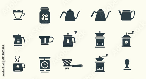 A collection of 15 flat design icons representing various coffee brewing equipment and accessories, arranged in a grid.