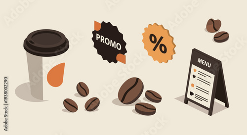 Isometric coffee shop elements including a takeaway cup, coffee beans, promotional tags, and a menu board, presented on a neutral background.