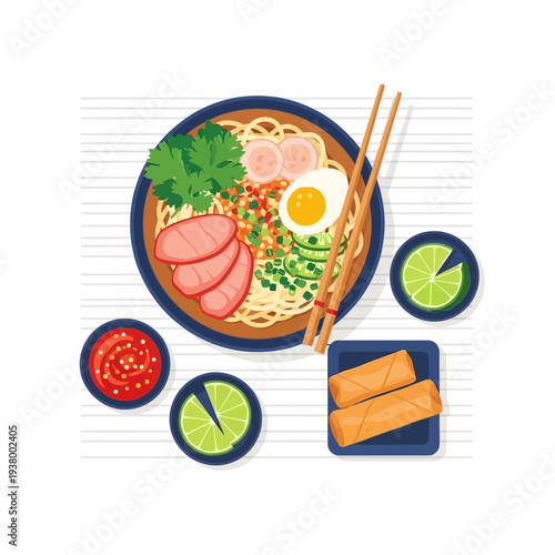 A top-down view of a delicious bowl of ramen noodles with various toppings, served with spring rolls and dipping sauce.