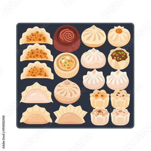A top-down illustration of a variety of delicious Asian dumplings and buns arranged on a dark rectangular platter.