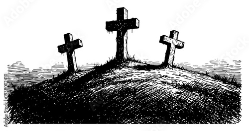 Hand drawn sketch of three crosses on calvary hill in vintage woodcut engraving style