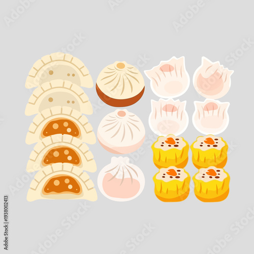 A delightful assortment of steamed dumplings and buns, showcasing various types of dim sum, presented against a plain grey background.
