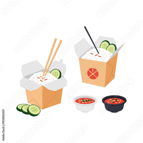 Two open takeout containers filled with white rice, one with chopsticks and cucumber slices, accompanied by two dipping sauce bowls.