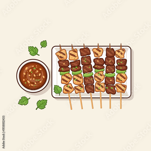A top-down view of a plate of delicious grilled meat skewers served with a dipping sauce and garnished with fresh mint leaves.