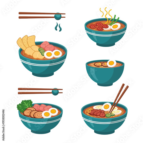 A vibrant collection of six delicious bowls of ramen, each uniquely garnished with various toppings and served with chopsticks, showcasing the diversity of this popular Japanese noodle soup.