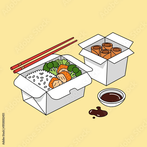 A delightful illustration of a takeout meal featuring rice, chicken, broccoli, spring rolls, and dipping sauce, perfect for a quick and satisfying lunch or dinner.