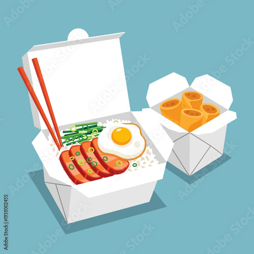 A delicious and appetizing illustration of a takeout meal featuring rice, fried egg, sliced meat, and green beans, accompanied by spring rolls in separate containers.