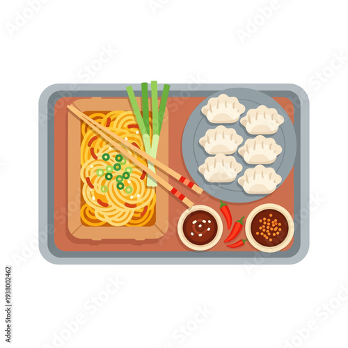 A top-down view of a delicious Asian meal featuring noodles, dumplings, and dipping sauces on a tray.