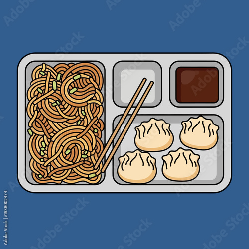 A top-down view of a lunch tray filled with delicious Asian cuisine, featuring noodles, dumplings, and dipping sauce.