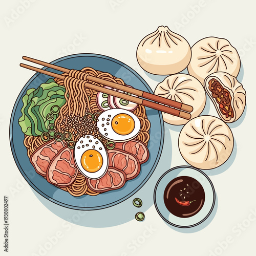 A vibrant, top-down illustration of a delicious Asian noodle soup dish with bao buns and dipping sauce.