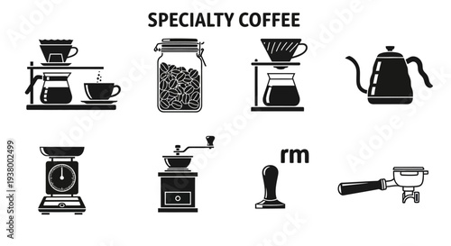 A collection of black and white illustrations depicting various tools and ingredients essential for preparing specialty coffee, including brewing devices, grinders, scales, and a kettle.